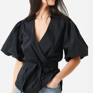 Jonathan Simkhai Waverly Black Puff Sleeve Wrap Blouse